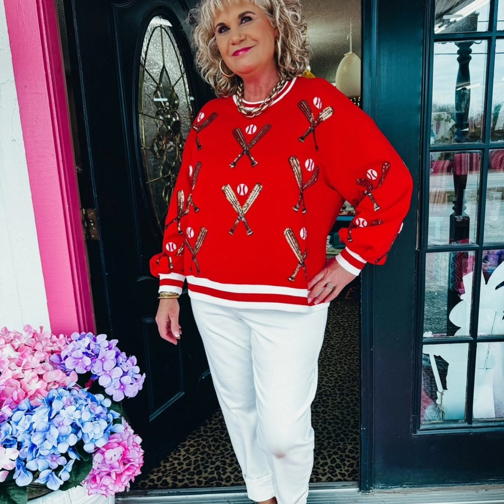 QUEEN OF SPARKLES Red Baseball Bat Sweatshirt